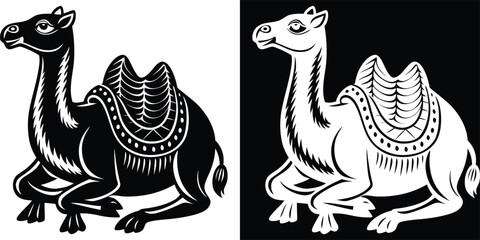 A stunning black and white drawing of two camels in the desert, highlighting their impressive features and the harsh landscape they thrive in.