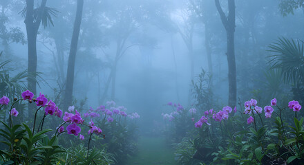 Obraz premium A serene tropical rainforest with blooming orchids spring mist