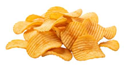Pile of ridged potato chips with golden brown seasoning isolated on a transparent background crisps snack