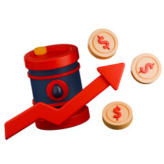 Oil price crisis 3d illustration. Oil barrel with a red upward arrow and dollar coins, symbolizing rising oil prices, market surge, or petroleum cost increase in global energy economy.