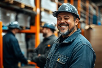 Warehouse team of employees laughing together in a warehouse, showing camaraderie and teamwork in a modern industrial setting, Generative AI