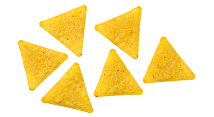 Six yellow corn tortilla chips scattered on black isolated on a transparent background snack food