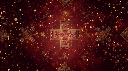 Coptic New Year / Nayrouz, abstract gold and crimson pattern with Coptic cross motif, spiritual glowing particles