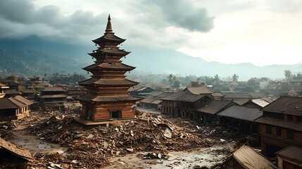 Damaged Asian pagoda after a massive earthquake