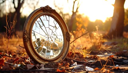A golden-framed, cracked mirror rests amidst autumn leaves and scattered debris, bathed in the warm glow of a setting sun
