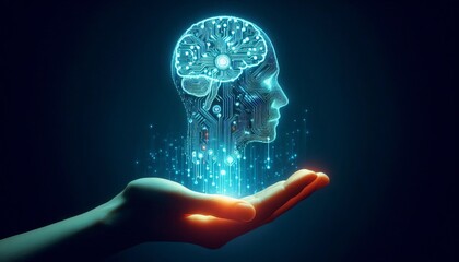 A neon electronic brain of a human head with artificial intelligence hanging above the palm of the hand.