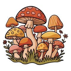A vibrant illustration of an enchanted mushroom grouping with diverse caps, adding a touch of fantasy to any creative project.