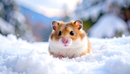 Fluffy hamster sits in snowy landscape, looking directly at the camera