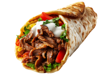 Grilled doner kebab wrap filled with sliced meat, lettuce, tomato, and sauce, captured isolated on white transparent background. Traditional Arabic food