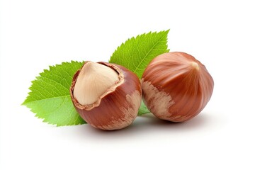 two hazelnuts with green leaves, centered, uniform white background, commercial super realistic shot