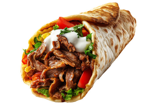 Grilled doner kebab wrap filled with sliced meat, lettuce, tomato, and sauce, captured isolated on white transparent background. Traditional Arabic food