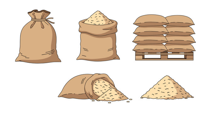 Collection of burlap sacks filled with grains vegetables and various contents representing agricultural produce