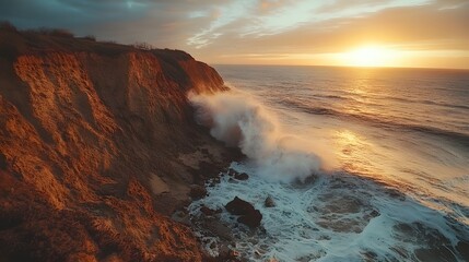 Fototapeta premium Dramatic sunset over a rugged coastal cliff and crashing waves