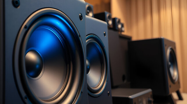 A close-up of a home theater speaker system with subwoofers and satellite speakers, highlighting the technology and design