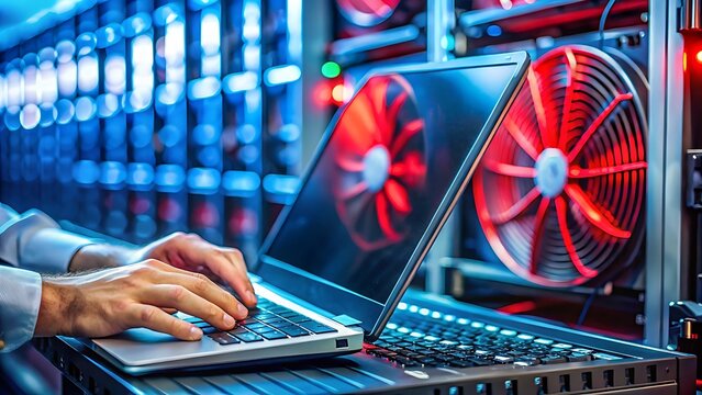 Person using laptop in front of server rack with red fans