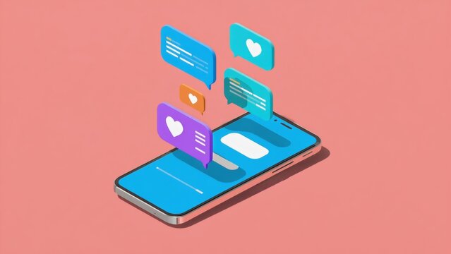 Smartphone with floating colorful chat bubbles and heart icons symbolizes online social engagement, instant messaging, influencer interaction, virtual likes, and real-time digital communication trends