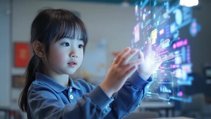 Young child engaging with futuristic technology screen displaying digital innovation and learning through interactive data and holograms modern - Powered by Adobe