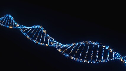 Shimmering double-helix DNA strand composed of glowing blue and gold particles on a dark background illustrates molecular biology, genetic code, biotechnology research, futuristic scientific discovery