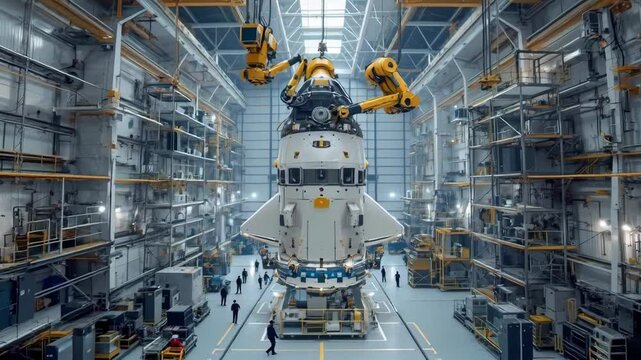 Spacecraft technology robot arm factory innovation aerospace engineering advanced assembly with robotic arms large industrial facility for futuristic