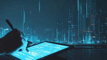 Futuristic digital technology tablet interface showcasing city data innovation with advanced electronic device screen and urban network communication - Powered by Adobe