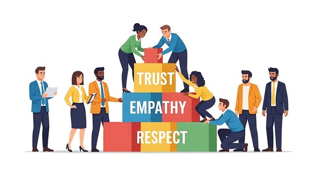 Teamwork building blocks trust empathy respect business collaboration success vector illustration concept