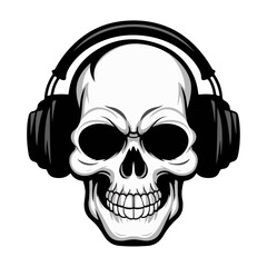 a human skull with headphones vector icon black and white.