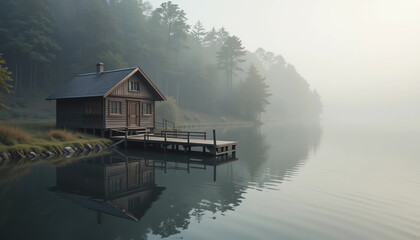 Fototapeta premium Wooden lakeside house with small dock, calm water reflections, morning mist, serene mood