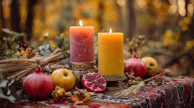 Mabon (Wiccan Harvest Festival), pagan altar with candles, apples, pomegranate, wheat, and leaves