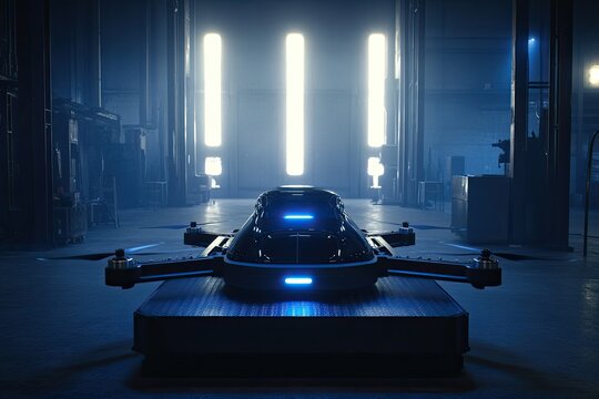 Futuristic Drone on a Platform in a Warehouse
