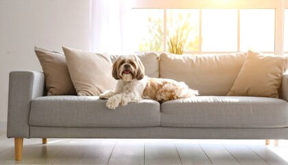 Fluffy dog lounges on a gray couch in a sunlit room
