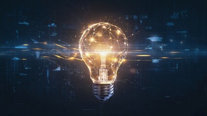 Glowing digital lightbulb illuminated with golden neural network patterns and data particles on dark futuristic background, symbolizing artificial intelligence, innovation, energy, creative technology