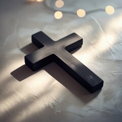A dark wooden cross casting a long shadow on a textured surface with soft bokeh lights