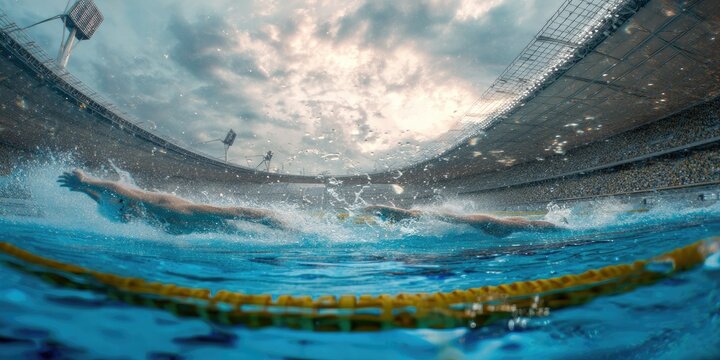 Swimmer in action within an indoor stadium