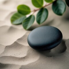 Serene zen garden scene with smooth stone and lush green leaves on textured sand
