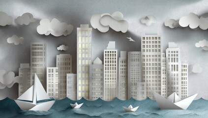Papercraft city skyline over water