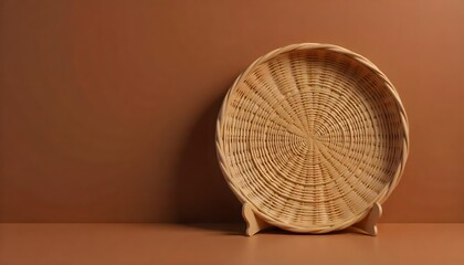 Obraz premium Round woven wicker basket, tray or plate stand on brown background. Asian Style Bamboo basket, created with generative ai