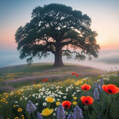Majestic ancient oak tree stands tall over a vibrant meadow of wildflowers at sunrisev