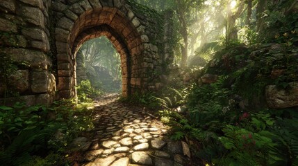 Stone archway entrance leads to lush forest path with sunlight filtering through dense foliage creating a magical scene