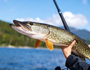 A hand holds a large pike, caught on a fishing rod.  Clear blue sky and water, mountains in the background