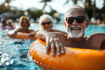 Group of cheerful seniors enjoying themselves in a pool, jumping, swimming, and lounging on floats,  fun and fitness in an outdoor swimming pool, Generative AI