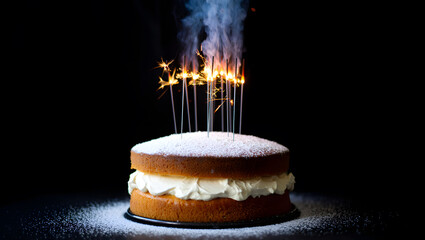 Delicious Victoria Sponge Cake with Sparkling Fireworks, Dark Background, Festive Mood.