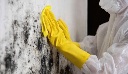 Person in protective gear cleaning mold from wall
