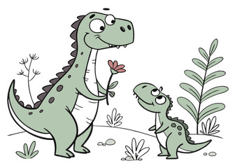 Fototapeta premium Cute green cartoon baby dinosaur vector illustration with a funny smiling tyrannosaurus character