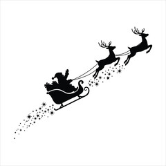 Fototapeta premium Santa Claus silhouette in sleigh with reindeers full of gifts and christmas tree. Merry christmas and Happy new year decoration. Vector on transparent background