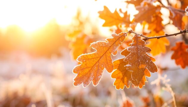 Frost-covered autumn leaves backlit by a warm sunrise