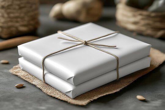 Mockup stack of white string-tied packages on burlap gray surface

