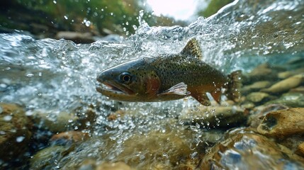Obraz premium A vibrant rainbow trout swims gracefully underwater, surrounded by splashing water and pebbles.