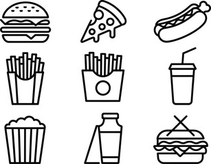 Collection of popular fast food icons in a clean line art style