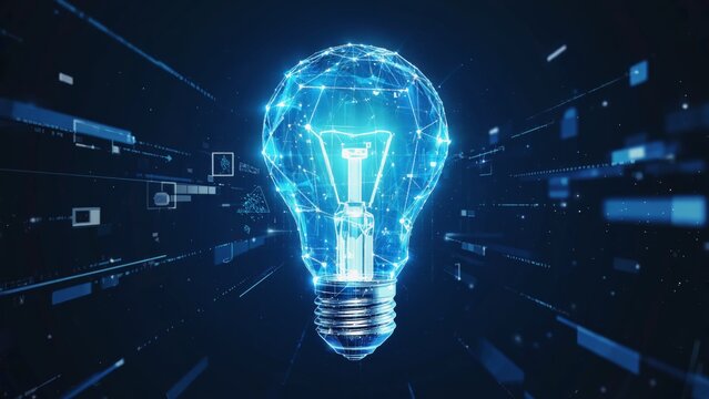 Blue glowing holographic lightbulb made of digital nodes and wireframe mesh floating in cyberspace, representing technological innovation, data-driven ideas, energy efficiency, futuristic solutions