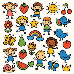 Cheerful Doodle Pattern with Smiling Children Animals and Fruits for Kids Activities and Creative Projects